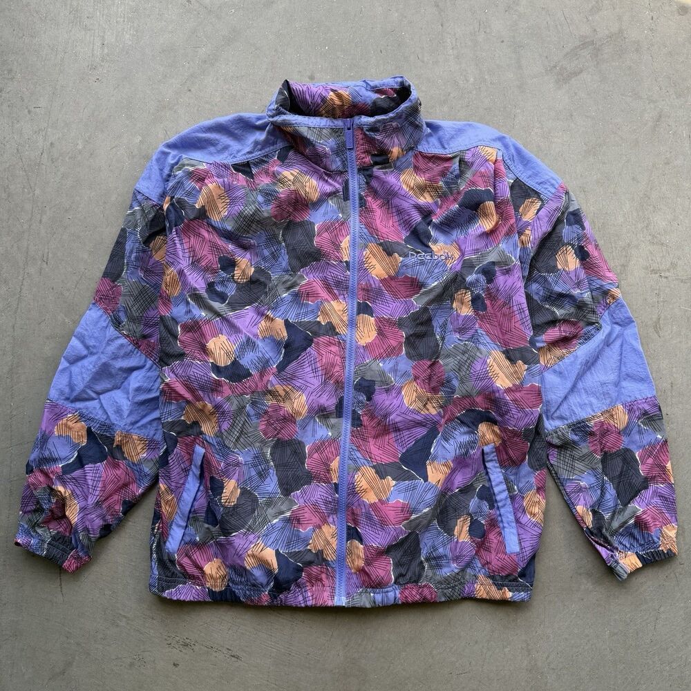 Vintage 90s Reebok Windbreaker Jacket Womens L Purple Abstract Retro Sport
